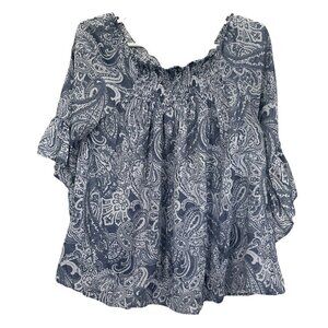 Loramendi BOHO Top Tunic‎ Off Shoulder Blue White Paisley Size M